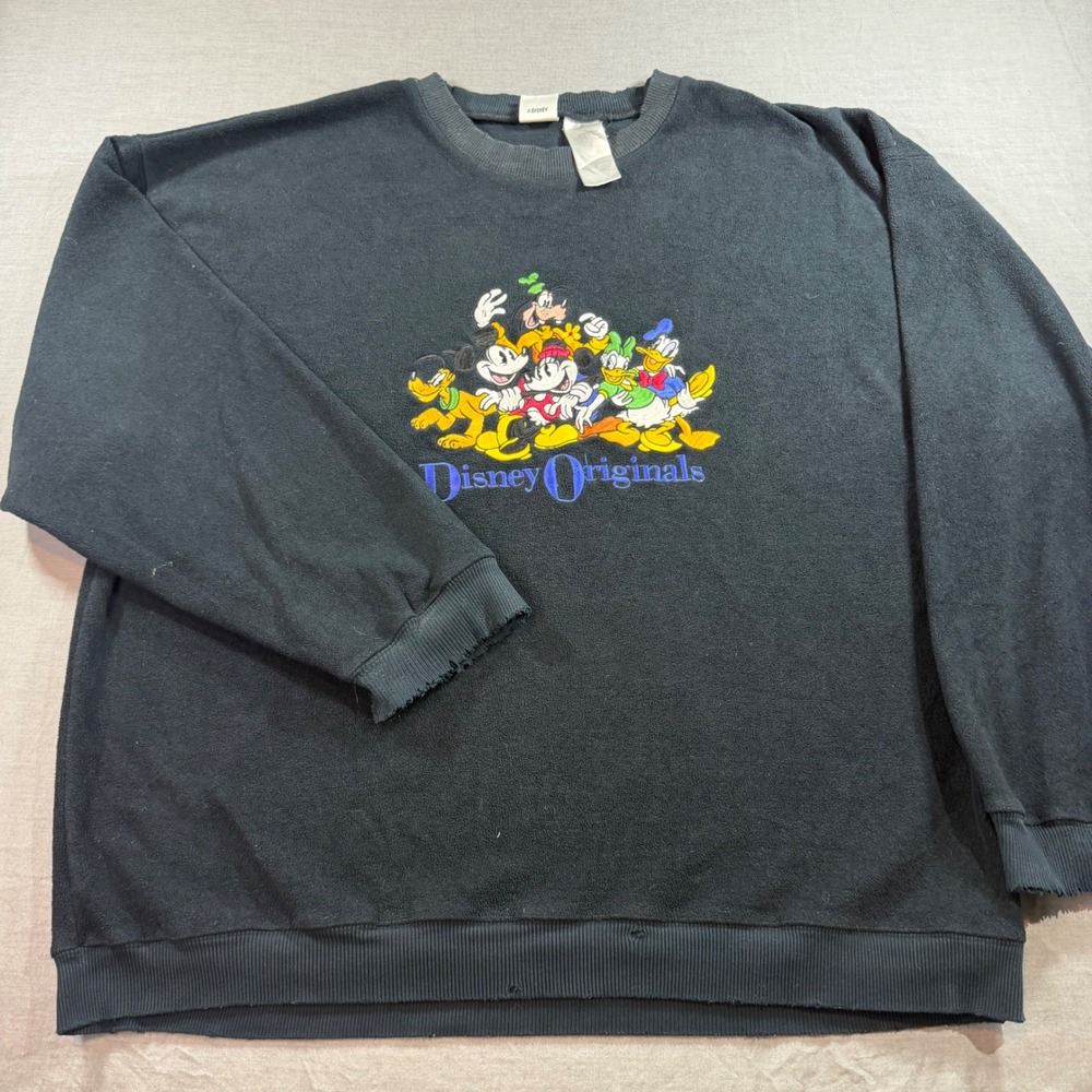 Disney Store Fleece Sweatshirt Mens XL Black Fair Distressed Mickey Friends 90s‎